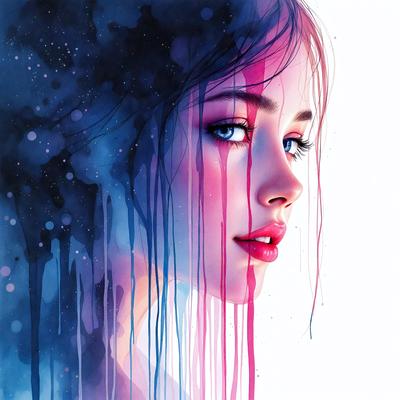 The primary subject of the image is a woman with long hair, painted in a watercolor style. She is wearing lipstick and has a pink and blue color scheme. The setting is a white background, which provides a clean and minimalist look to the painting. The visual style is a combination of digital art and traditional watercolor painting, creating a unique and artistic representation of the woman. The colors and mood of the image are vibrant and lively, with the pink and blue hues evoking a sense